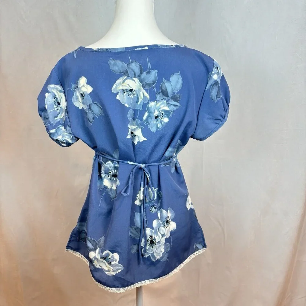 Vintage La Belle Women's Blue Floral Babydoll Cap Sleeve Feminine Blouse Size 11